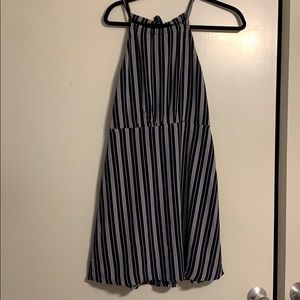 Navy and white striped, high necked dress